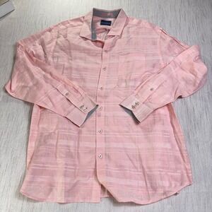Tommy Bahama Mens Peach Pink Linen Cotton Textured Stripe Button Down Shirt XL